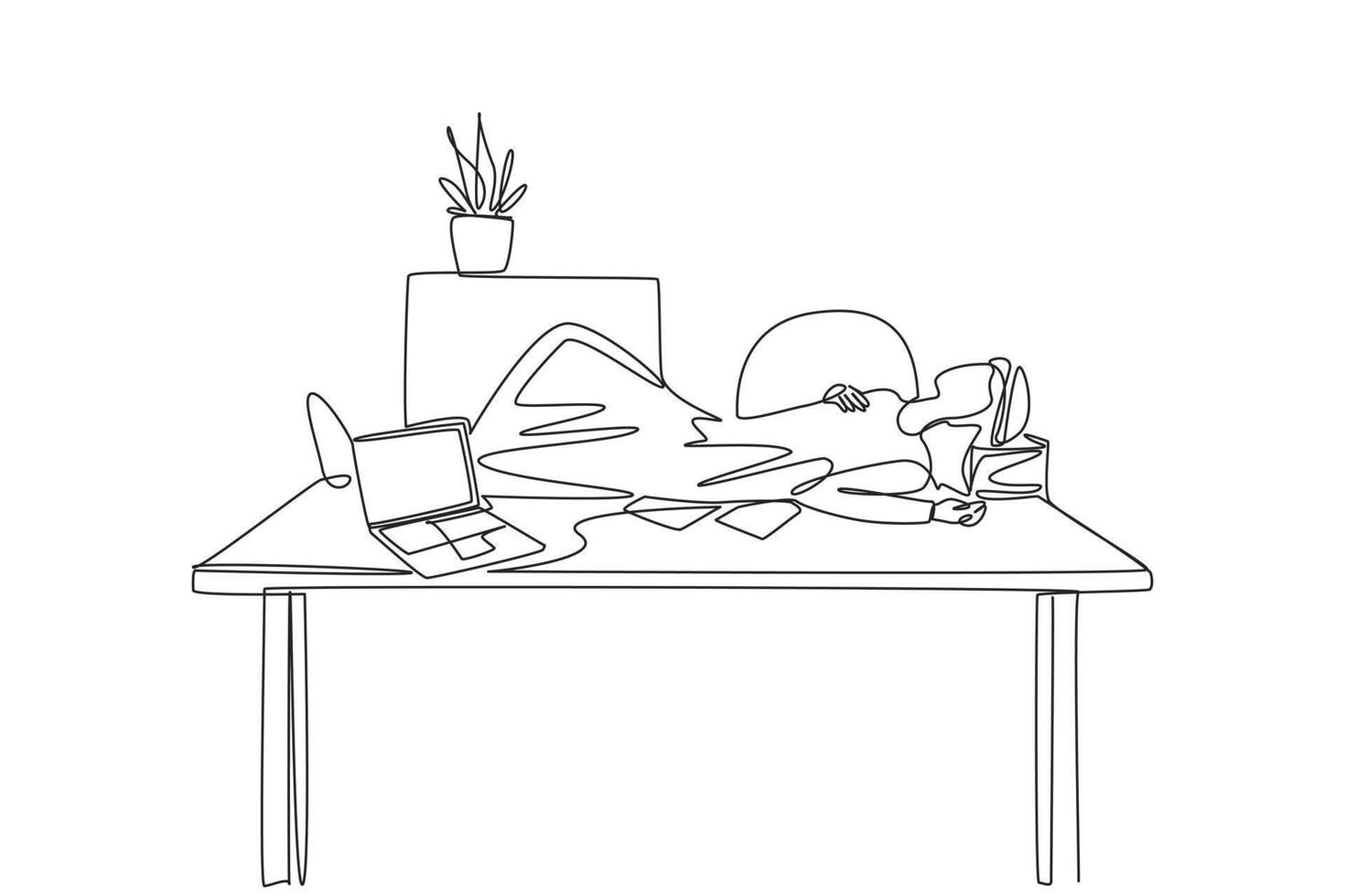 Single continuous line drawing Arabian man fell asleep on the table with a pillow from a pile of papers. Relaxing. Too tired from too much work. A short break. One line design illustration vector