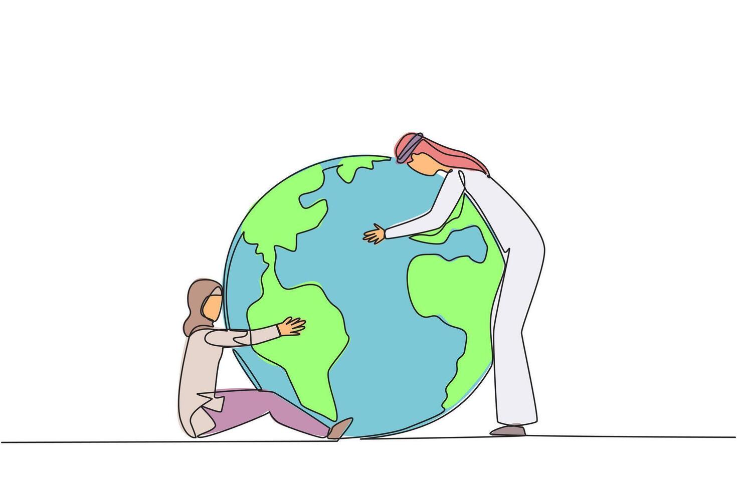 Single continuous line drawing Arab man and Arab woman hugging the globe in their own style. Protect the earth. Love the earth. Environmental care. For better air. One line design illustration vector