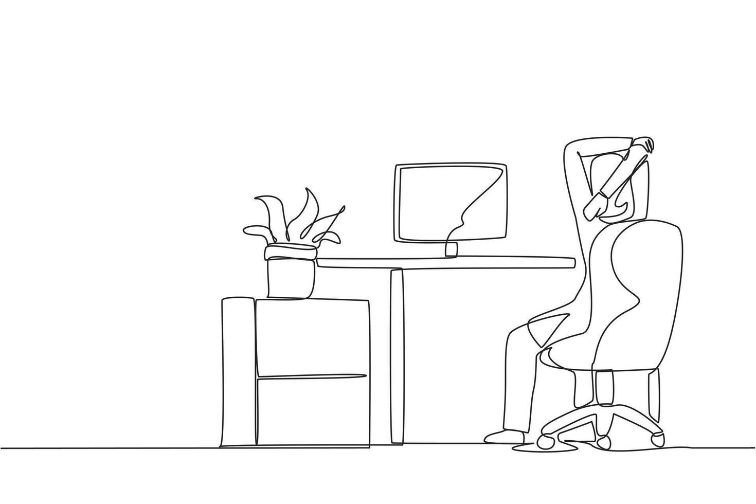 Continuous one line drawing Arab woman sitting in a work chair warming up hands above her head. Stretch watching streaming . Stay active even if busy. Single line draw design illustration vector