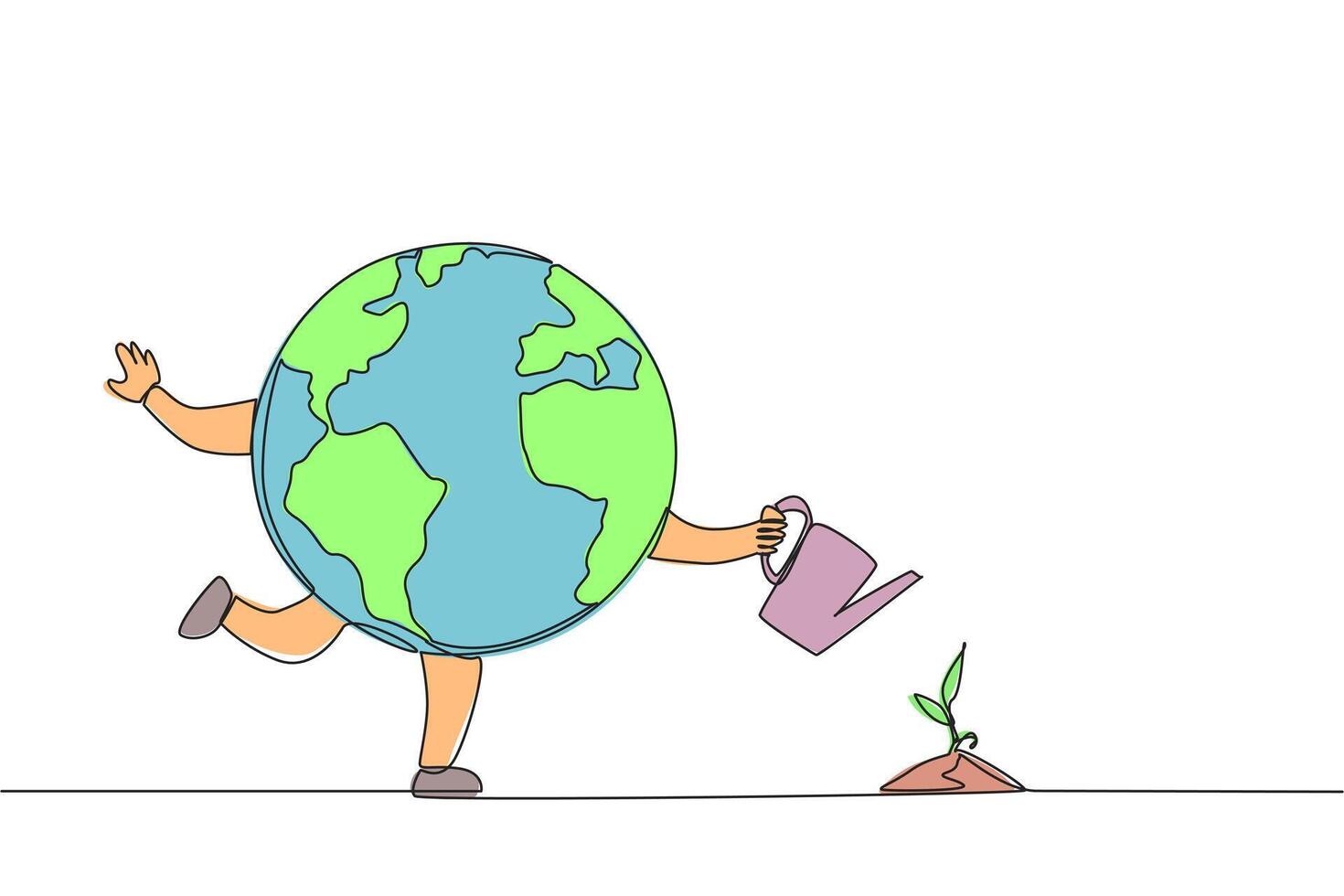 Continuous one line drawing globe watering plant seed. Plant plants with joy. Maintain air purity. Protecting the ecosystem. Keep the planet green. Save. Single line draw design illustration vector