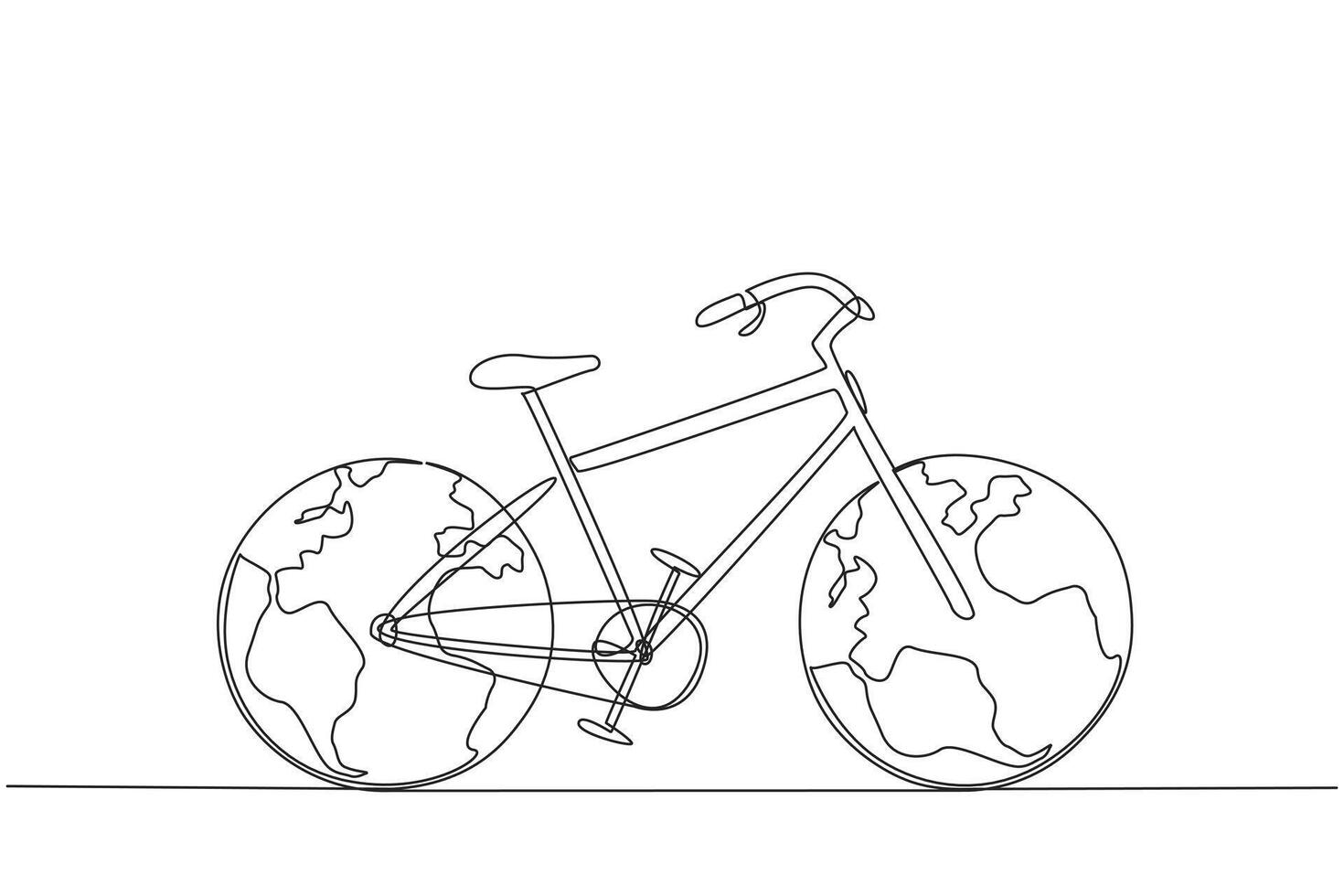 Continuous one line drawing a bicycle with two globes replacing the tires. The concept of a vehicle that is friendly to the earth. Free from pollution. Single line draw design illustration vector