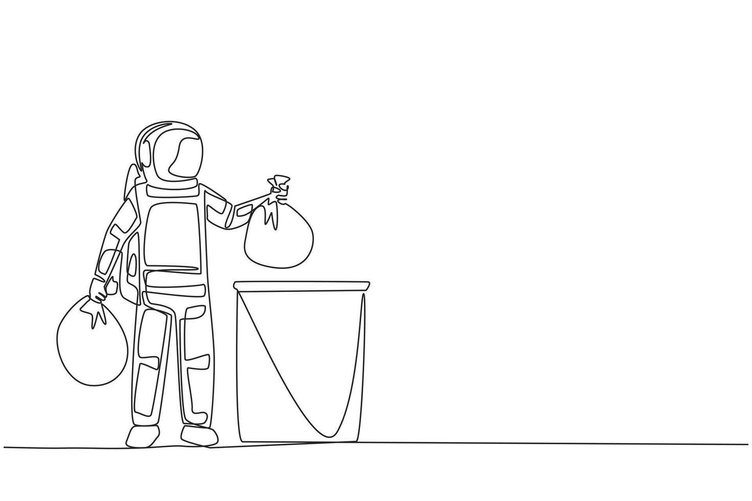 Continuous one line drawing astronaut puts trash bag in trash can. Environmental care. Throw garbage in its place. Cosmonaut. Cosmic galaxy deep space. Single line draw design illustration vector