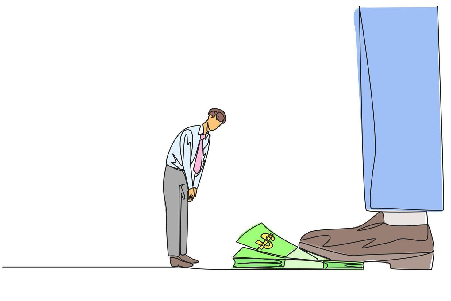 Single continuous line drawing businessman nodded in front of giant foot stepping on stack of banknotes. Request permission from investors to disburse reserve fund. One line design illustration vector