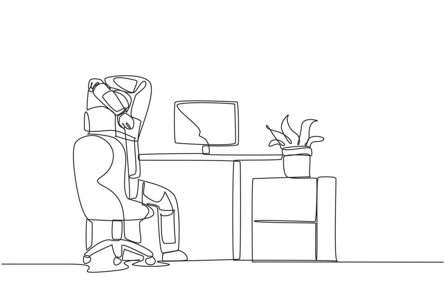 Single one line drawing astronaut sitting in a work chair warming up his hands above his head. Stretching. The space expedition schedule is getting closer. Continuous line design graphic illustration vector