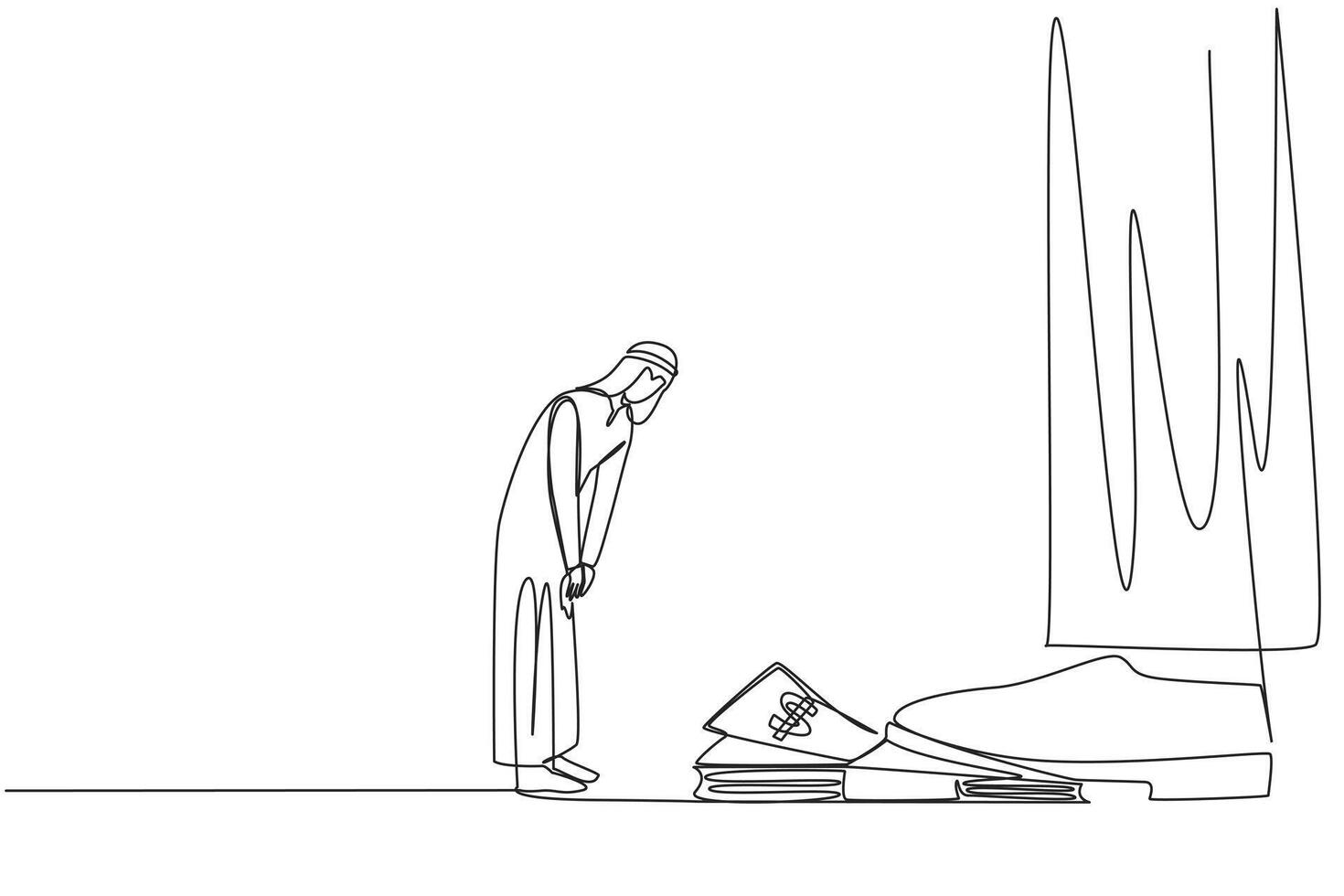 Single one line drawing Arabian businessman nodded in front of giant foot stepping on stack of banknotes. Receive orders to use capital as best as possible. Continuous line design graphic illustration vector