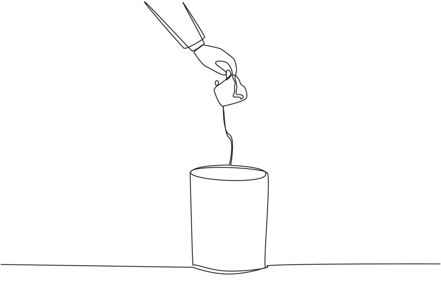 Single one line drawing businessman's hand throwing away a broken cup. Has no benefits. Cannot be used to drink tea. Cannot be used for anything. Cracked. Continuous line design graphic illustration vector