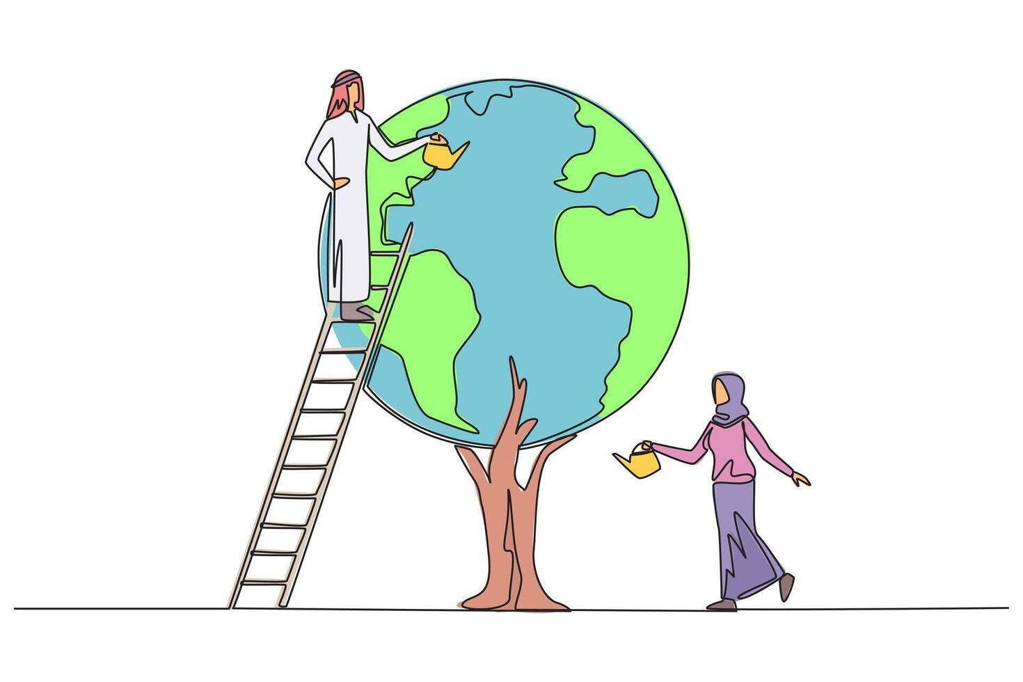 Continuous one line drawing Arab man climbs a ladder watering a tree whose leaves form a globe. Invitation to plant trees. Preserving nature. Save planet. Single line draw design illustration vector
