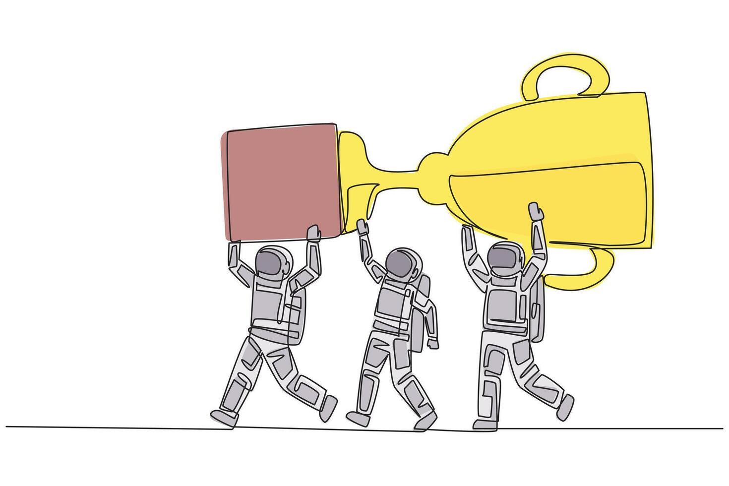 Single continuous line drawing a group of astronauts work together carrying the trophy. Win a space science competition. Beautiful memories. Cosmonaut. Spaceman. One line design illustration vector