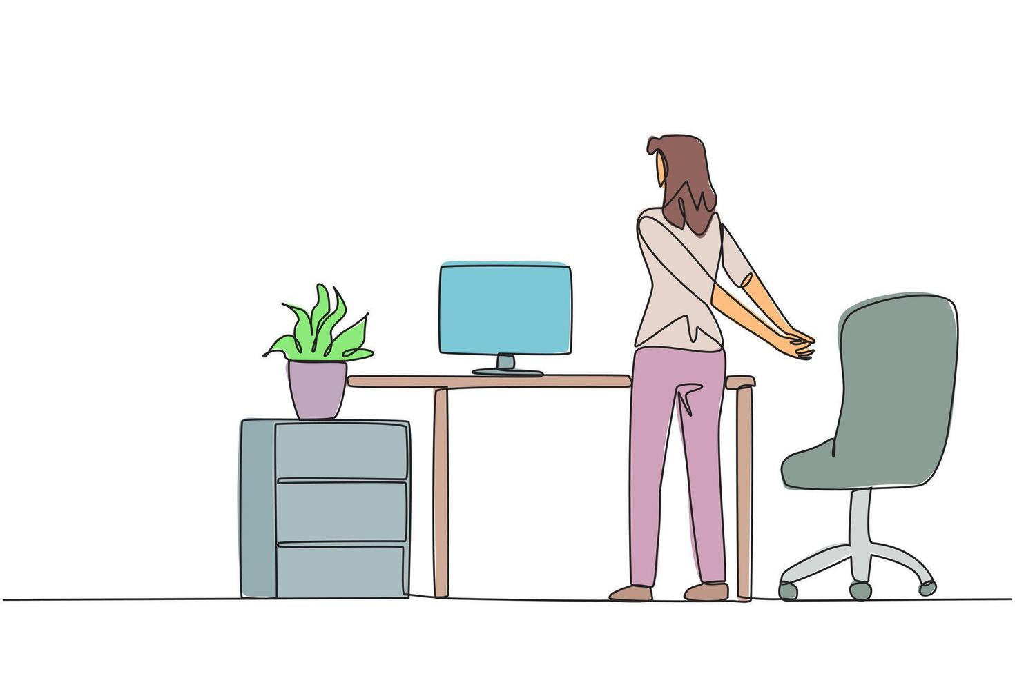 Single continuous line drawing woman stands with her hands behind her back. Avoid serious injuries due to rarely exercising. Take time to stretch at the office. One line design illustration vector