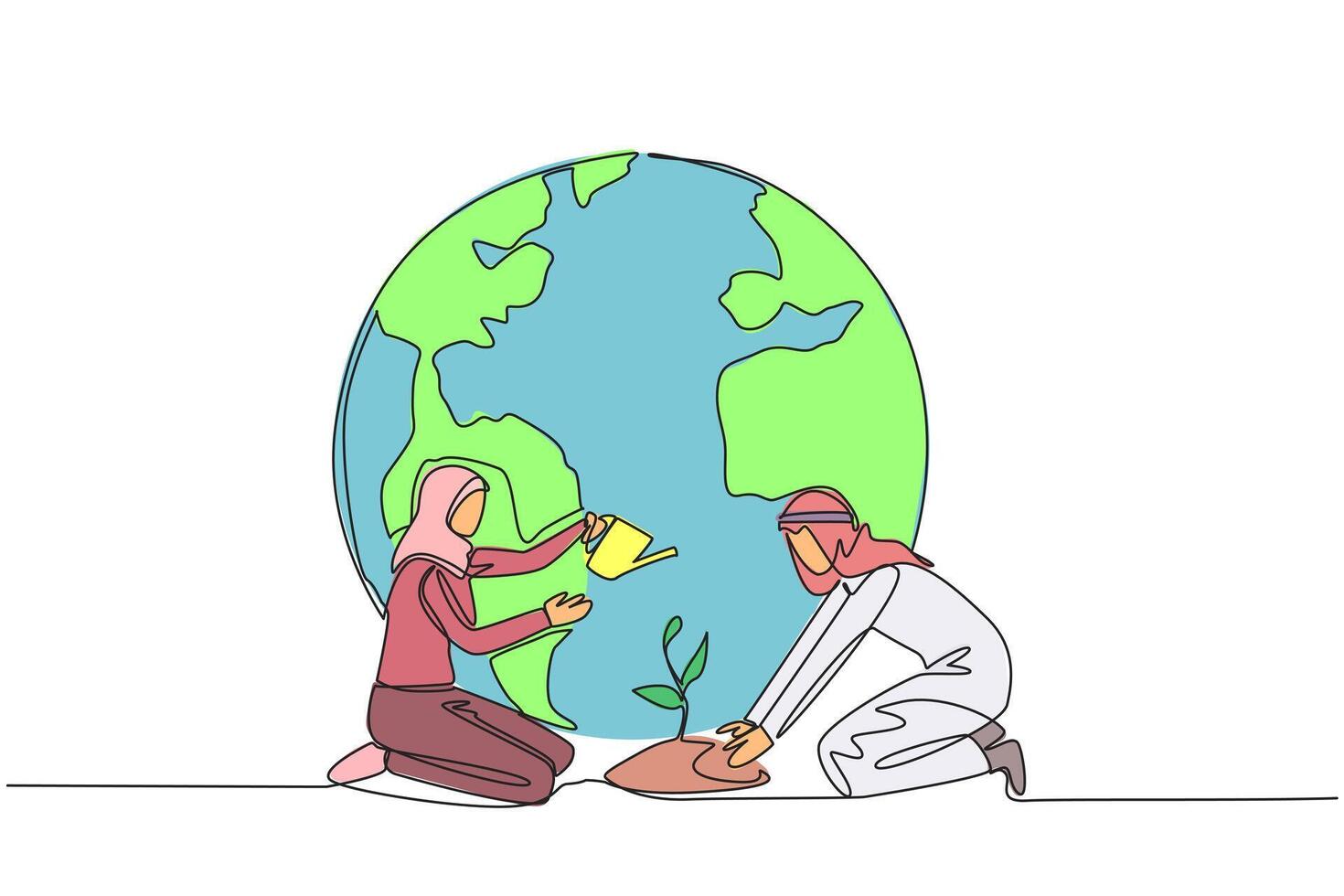 Single continuous line drawing Arabian man holds mound of earth while Arabian woman waters plants. Always work together to protect the earth. For better the earth. One line design illustration vector