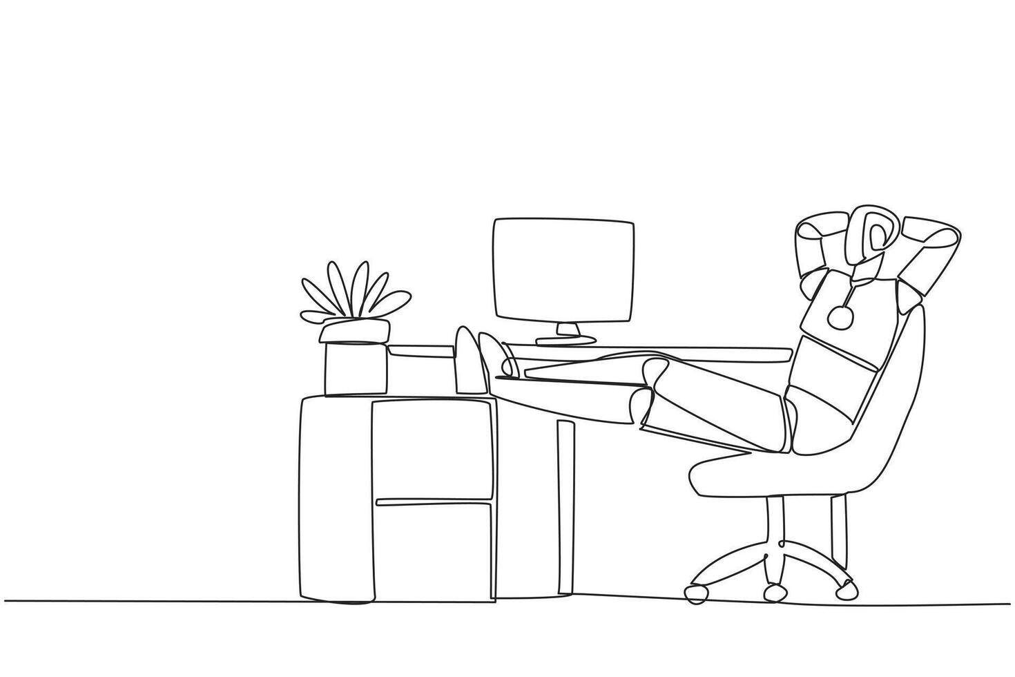 Single one line drawing robot sits in work chair with his hands behind head and his legs raised on work desk. Worker robot. Can feel tired. Relax. AI. Continuous line design graphic illustration vector