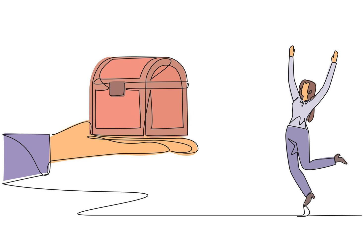 Single continuous line drawing businesswoman was excited to get the treasure chest from the giant hand. Work smarter than ever. The profits obtained are very large. One line design illustration vector