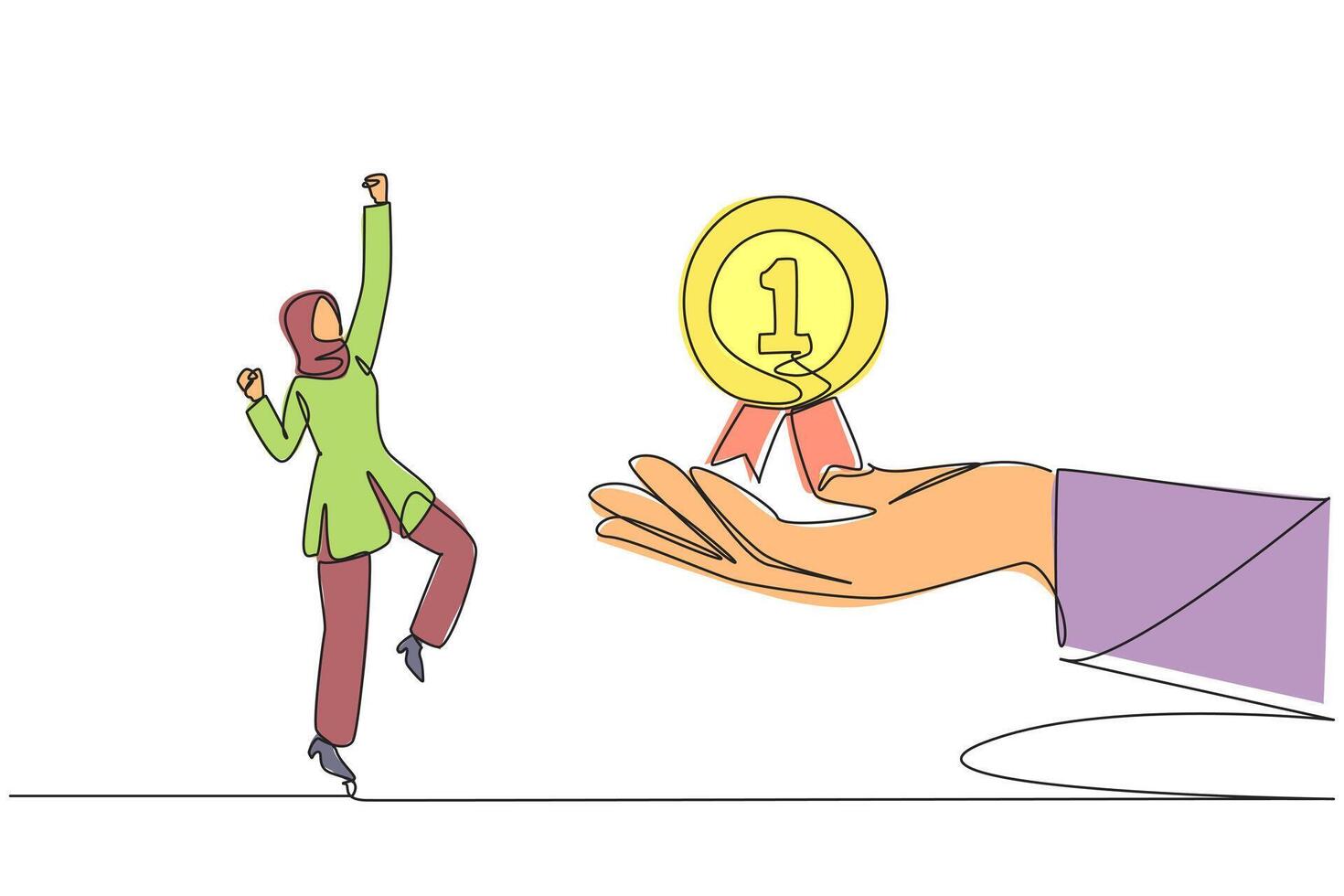 Continuous one line drawing Arabian businesswoman was happy to get reward medal from giant hand. Success has been achieved. Want to achieve further success. Single line draw design illustration vector