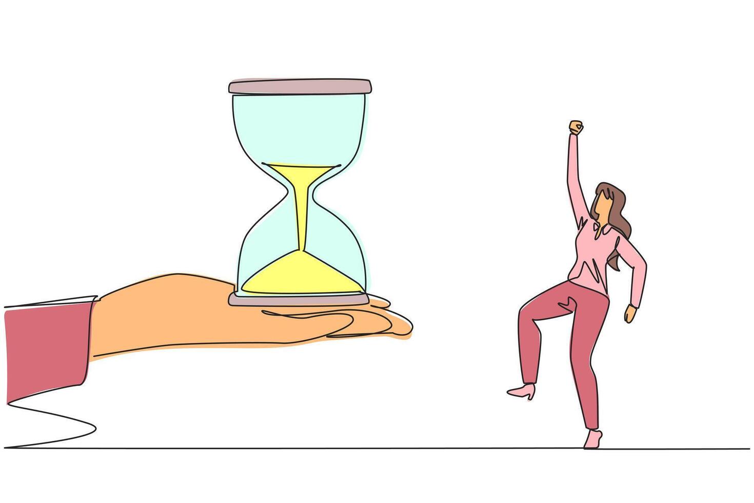 Continuous one line drawing businesswoman was excited to get hourglass from giant hand. The countdown has begun. Get additional energy to run the business. Single line draw design illustration vector