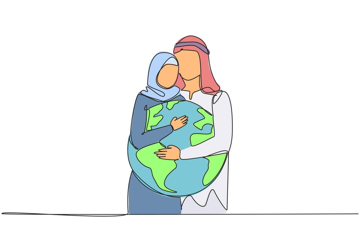 Single one line drawing Arab man and Arab woman hug each other. They both hug the globe. Passion to keep the earth green. Keep away from the pollution. Continuous line design graphic illustration vector