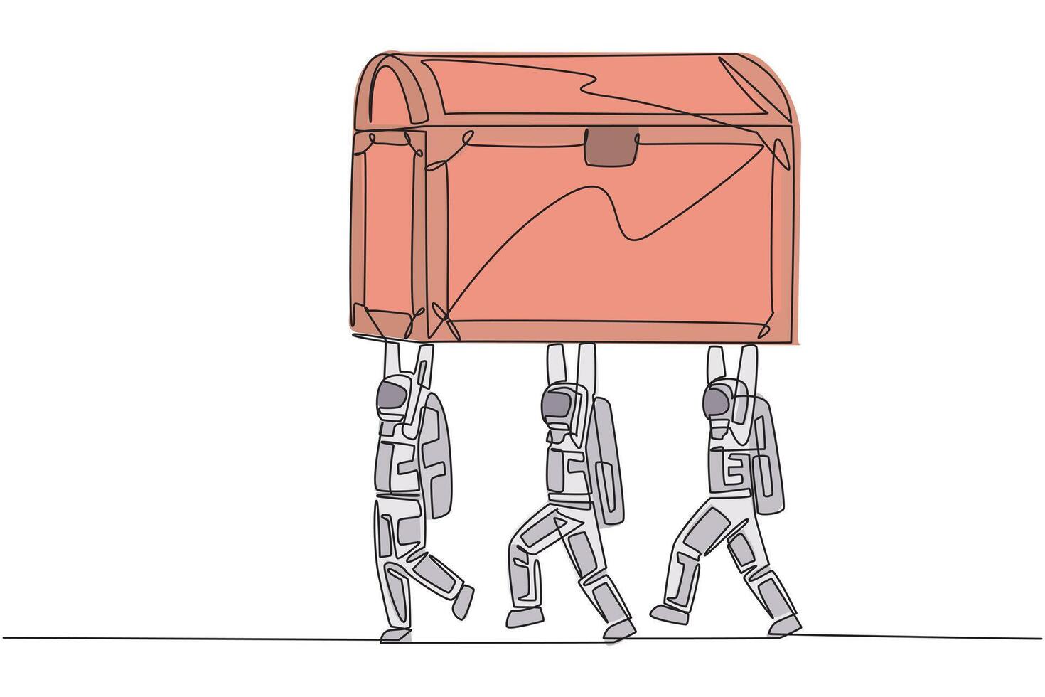 Single one line drawing group of astronauts work together carrying treasure chest. Valuable discoveries from the moon. Invaluable. Fun expedition. Spaceman. Continuous line design graphic illustration vector