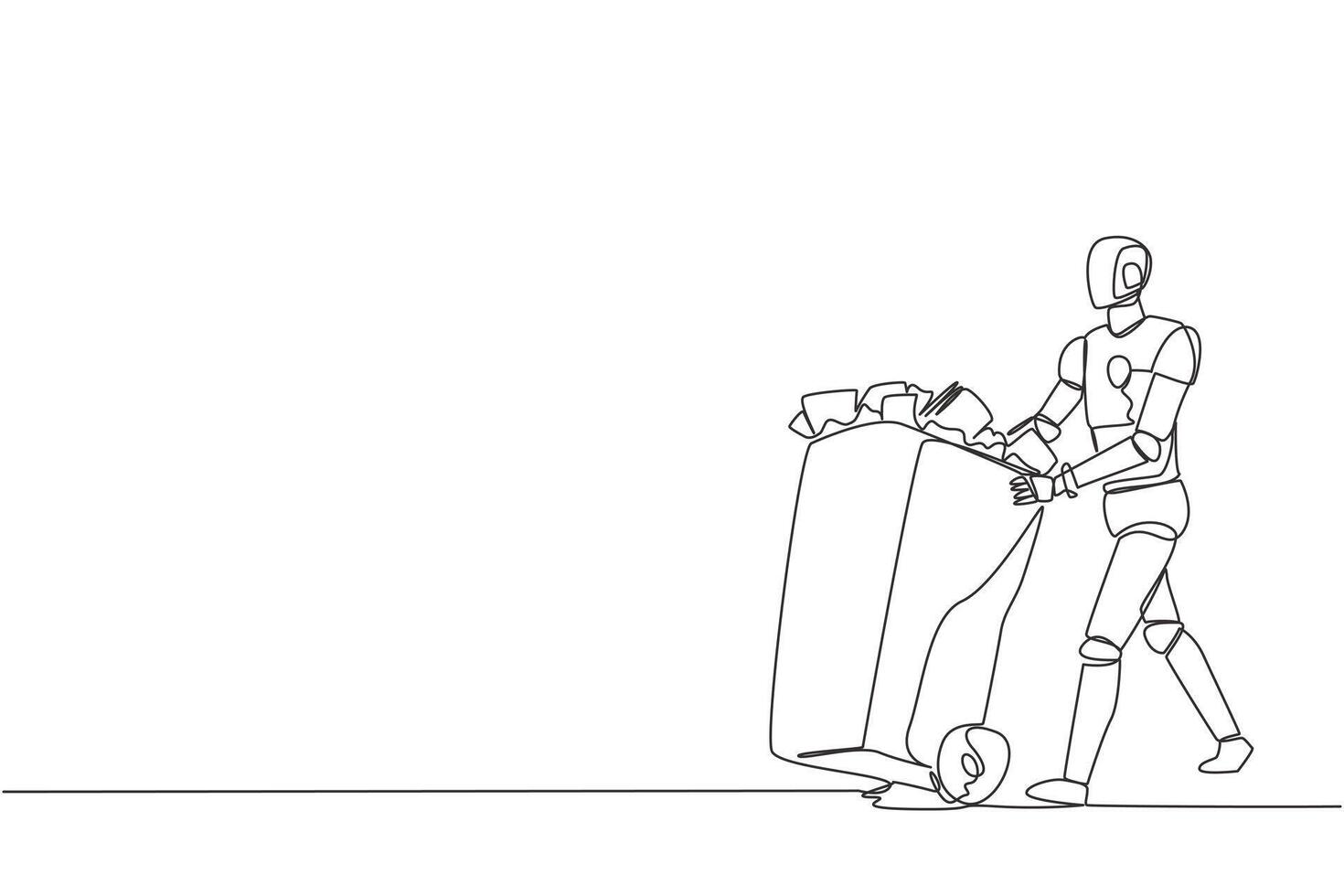 One line drawing of a man pushing a garbage can vector