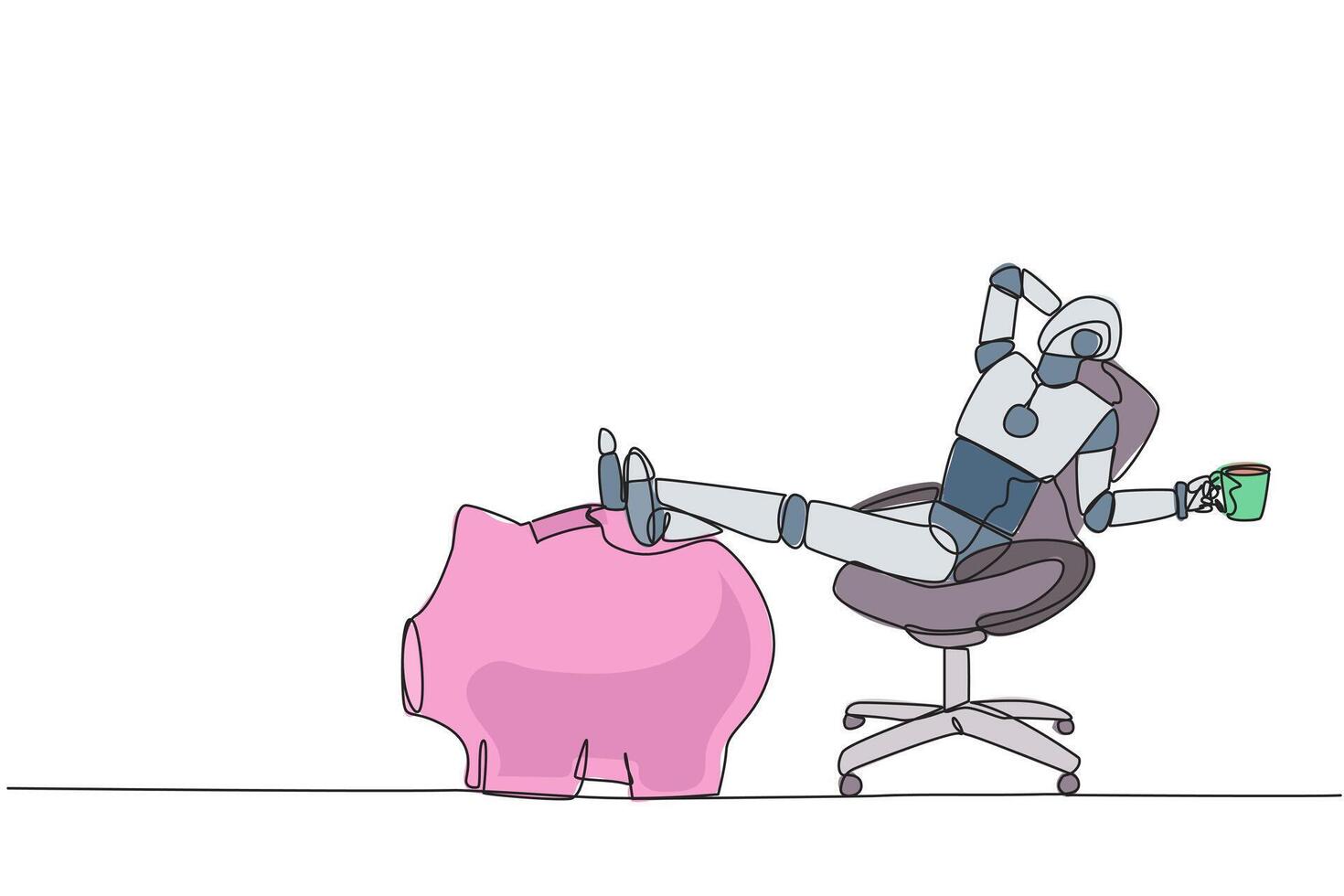 Continuous one line drawing smart robot sitting on work chair holding mug. Foot resting on piggy bank. Programmed to generate investment. Future technology. Single line draw design illustration vector