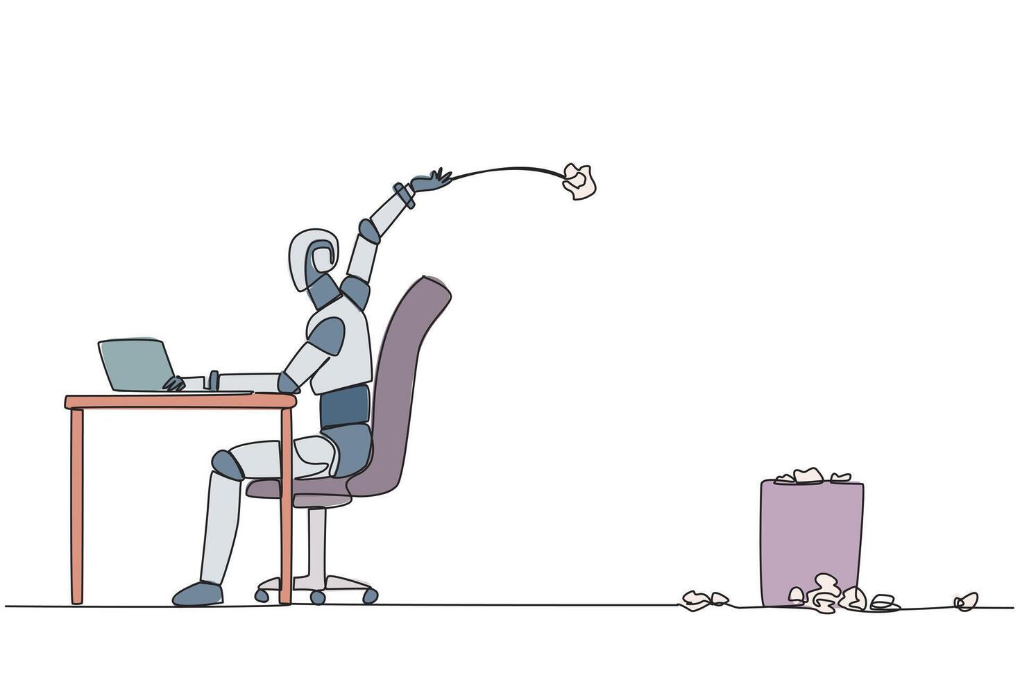 Single continuous line drawing robot typing at work desk throwing wads of paper into trash. Create programming code notes to make artificial intelligence better. One line design illustration vector