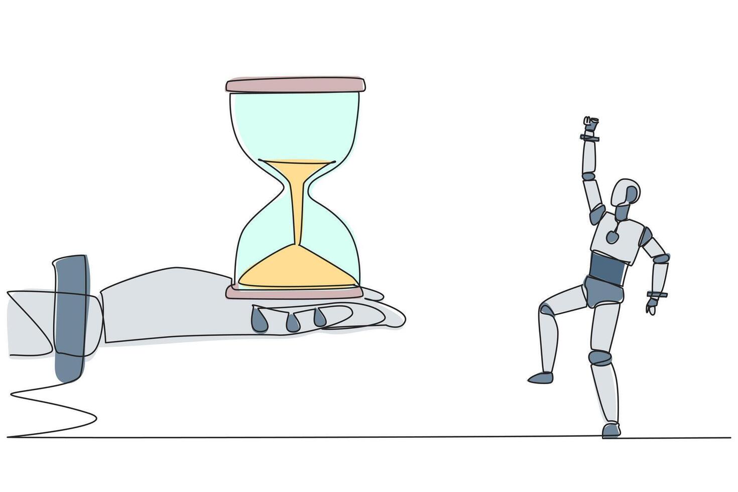 Continuous one line drawing a robot excited to get the hourglass from the giant hand. No time limit. The highest artificial intelligence technology. Future. Single line draw design illustration vector