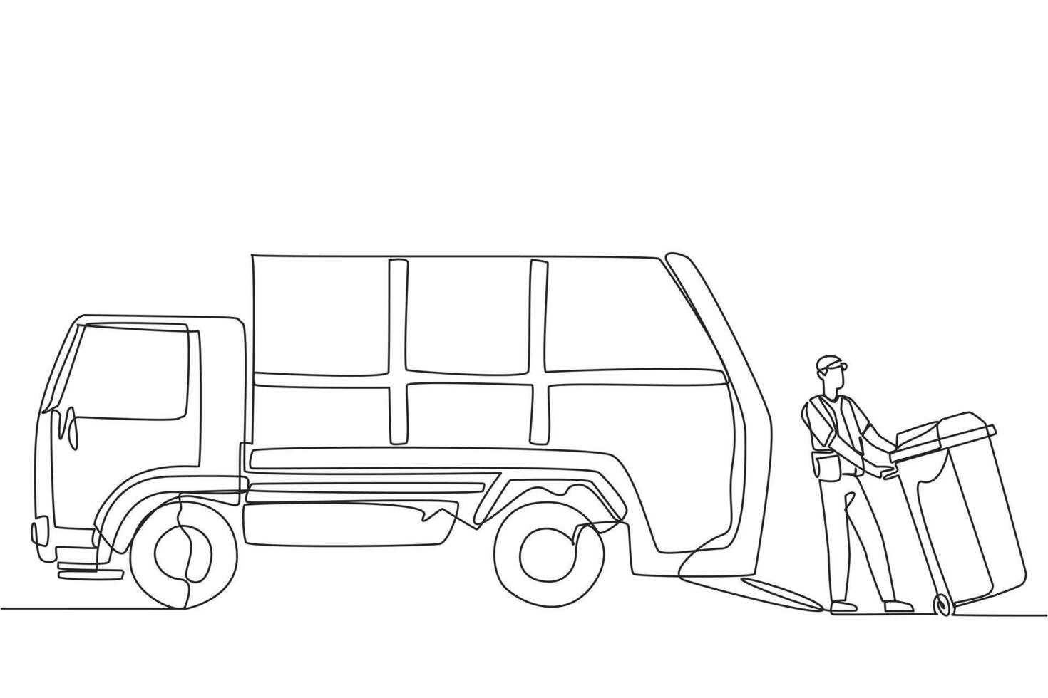 Single continuous line drawing trash man pulling wheeled trash can towards the garbage truck. Prevent environmental pollution by regularly making it to landfill. One line design illustration vector