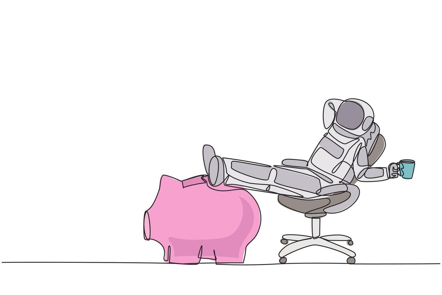 Single continuous line drawing astronaut sitting in work chair holding mug. Foot resting on piggy bank. Relax and wait for space expeditions departure schedule. One line design illustration vector