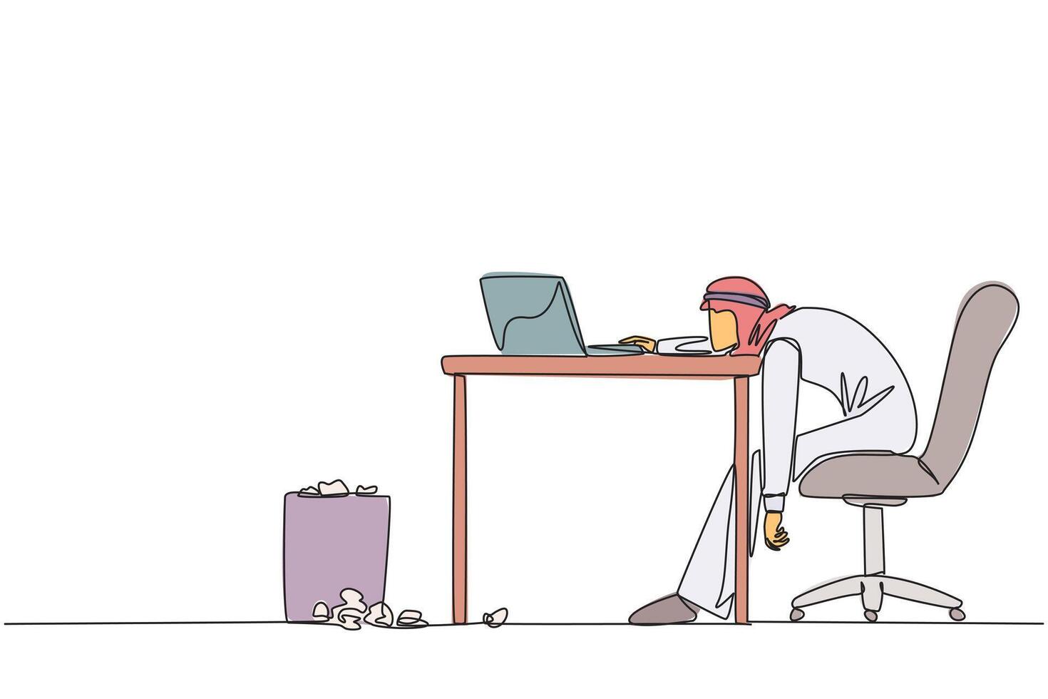 Continuous one line drawing Arabian businessman sitting in work chair looking tired. Chasing lots of deadlines. Many reports are wrong. Not focus on laptop. Single line draw design illustration vector