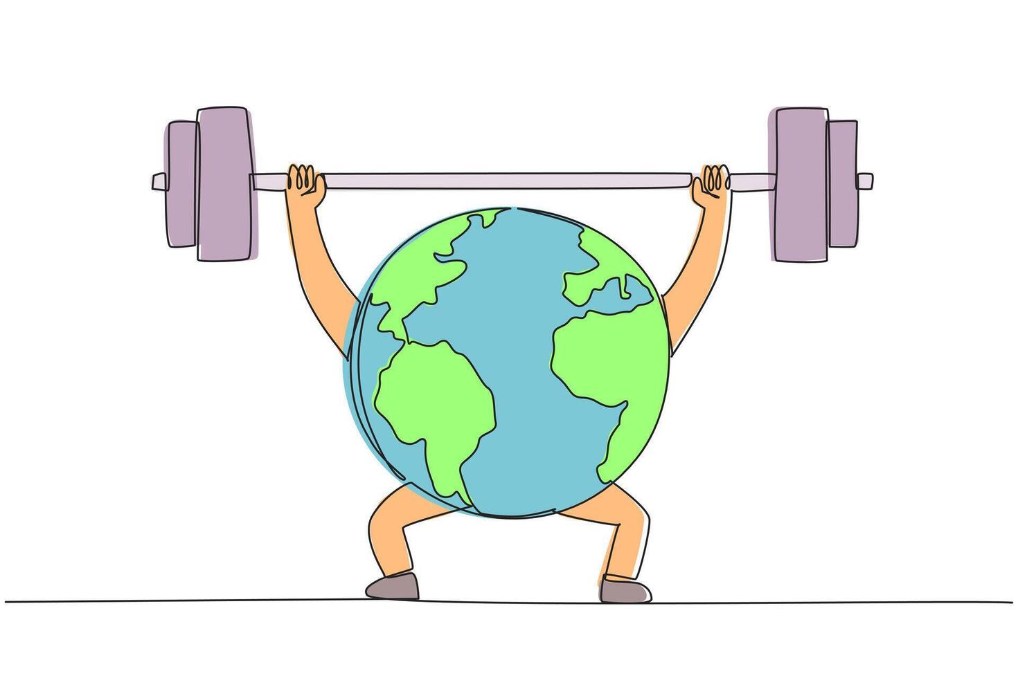Single continuous line drawing globe lifts barbell with both hands. The strongest to protect the earth. Clean earth makes the body strong. Fight to protect earth. One line design illustration vector