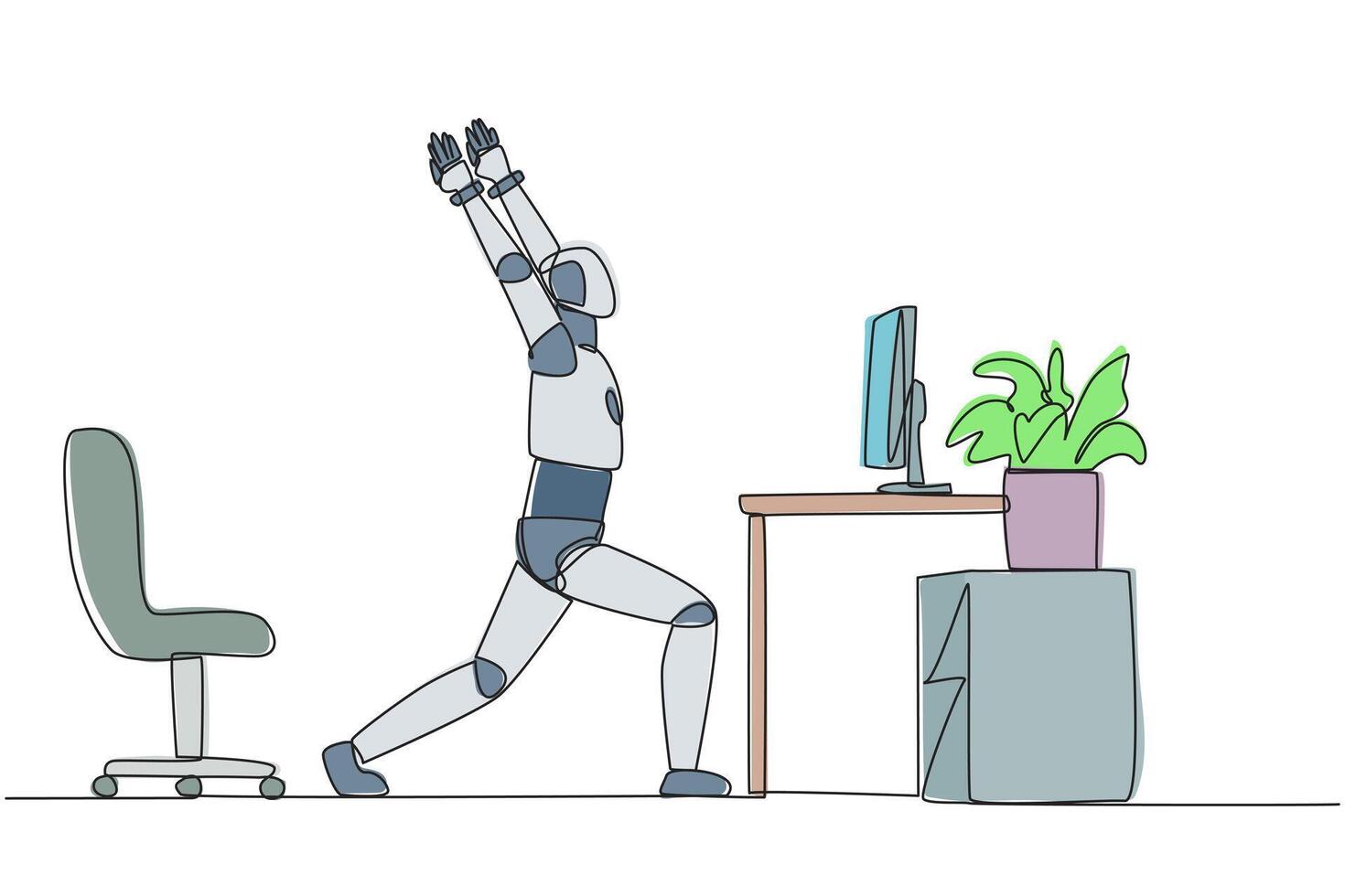 Continuous one line drawing robot stands with both hands raised and legs stretched. Robots increase the level of flexibility. Artificial intelligence. AI. Single line draw design illustration vector