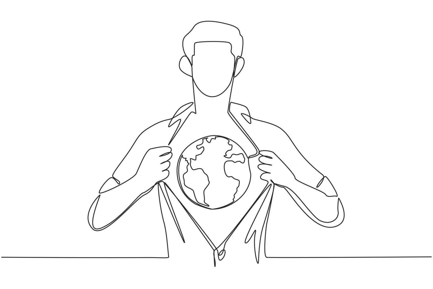Single one line drawing a man unbuttons shirt revealing a globe on his chest. A sign of deep love for the earth. World environment day. Protect the earth. Continuous line design graphic illustration vector