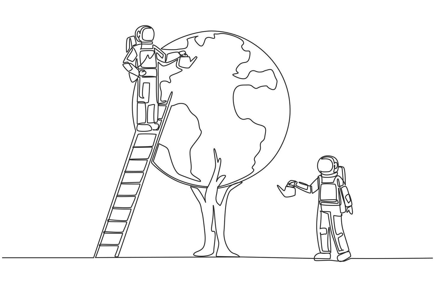 A drawing of two people standing on a ladder next to a tree vector
