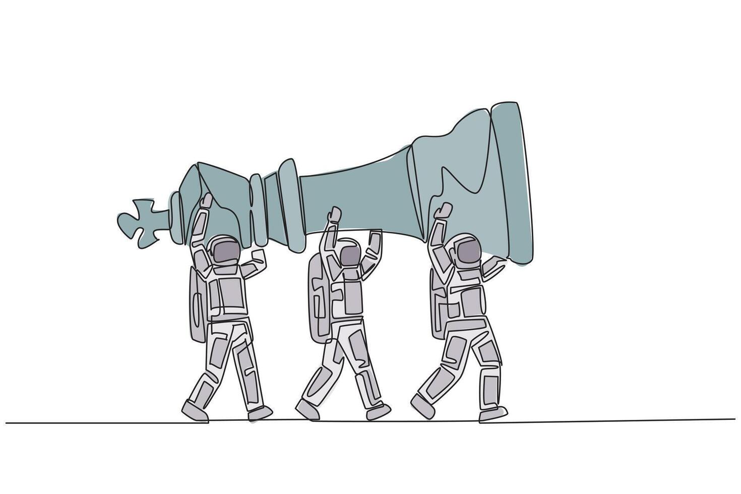 Single continuous line drawing a group of astronauts work together carrying the king's chess pieces. Set the rhythm. Think about the strategy carefully. Cosmonaut. One line design illustration vector