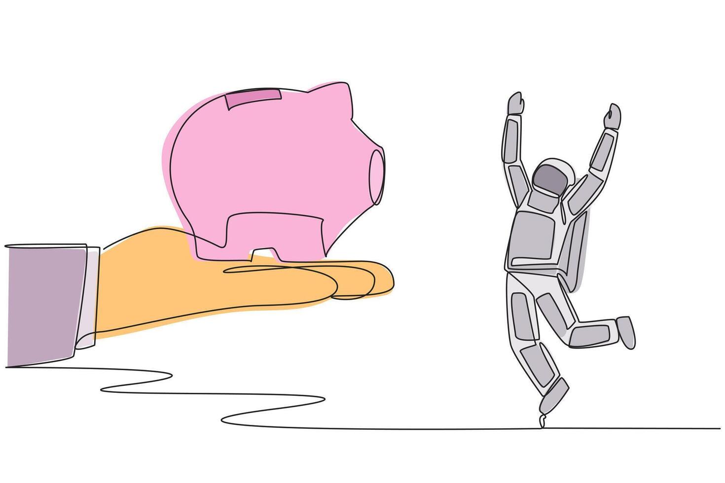 Single continuous line drawing young astronaut happy to get a piggy bank from giant hand. Savings. Investment. A calming gift. The needs for future space missions. One line design illustration vector