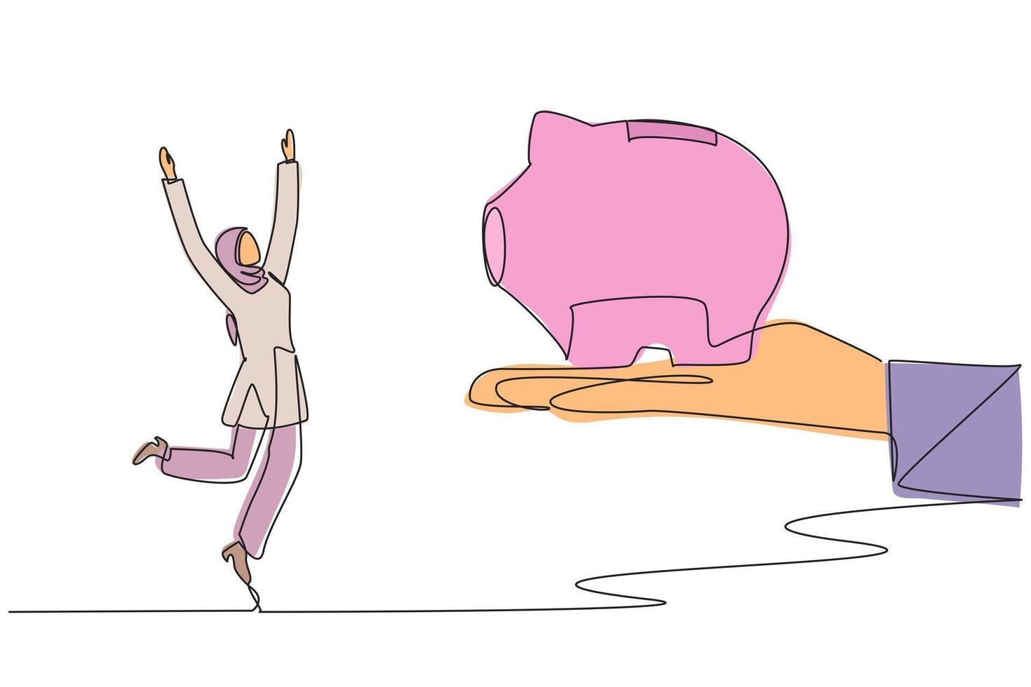 Single continuous line drawing young Arabian businesswoman happy to get a piggy bank from giant hand. Investment value continues to increase. A satisfying success. One line design illustration vector