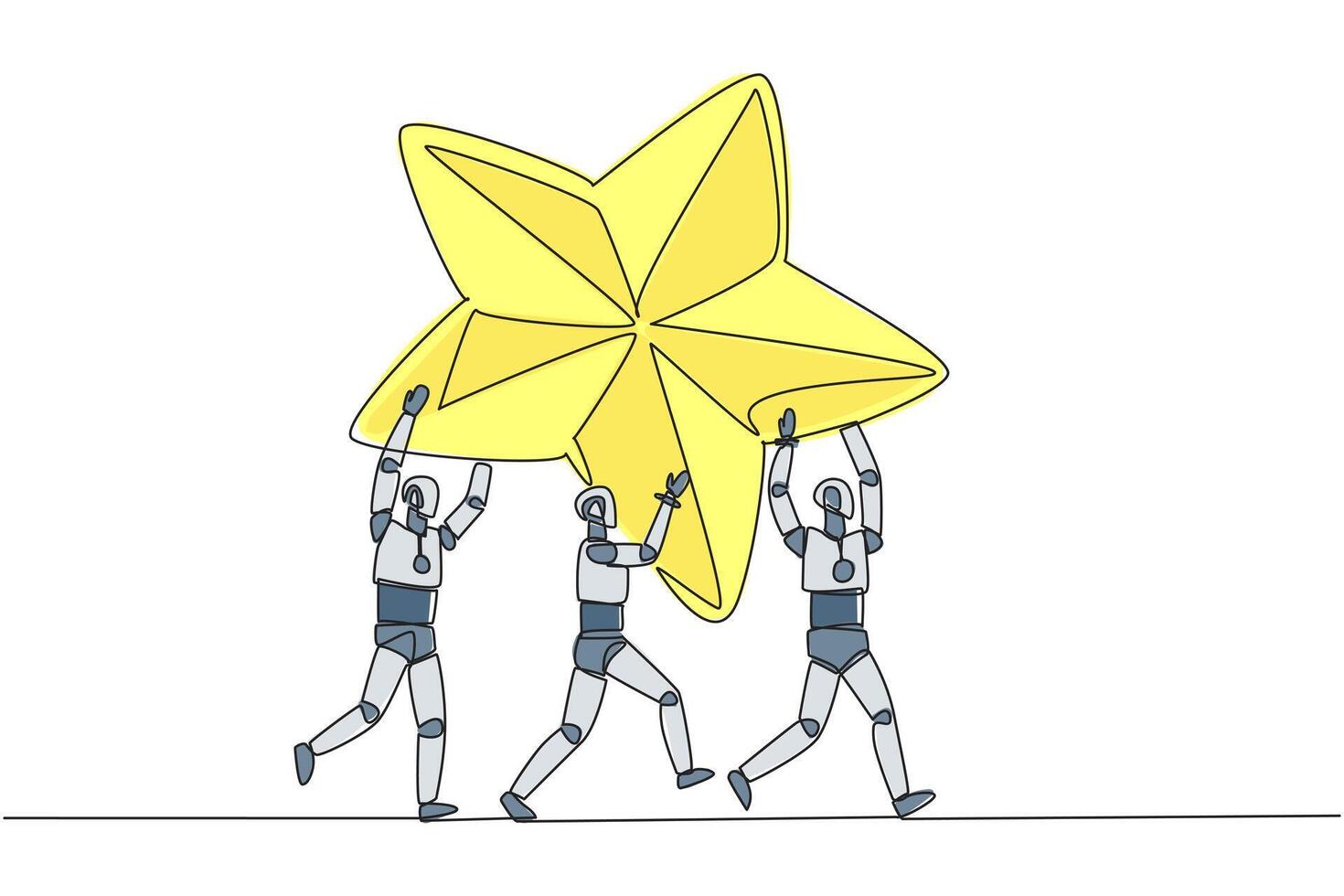 Continuous one line drawing group of robots work together carrying star. Achieve dreams together. Gets the best rating. Technology artificial intelligence. Single line draw design illustration vector