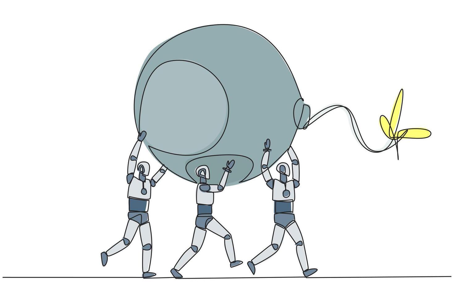 Single continuous line drawing group of robots work together carrying a big bomb with fuse lit. Hazard detector. Get rid of distractions. Future technology concept. One line design illustration vector
