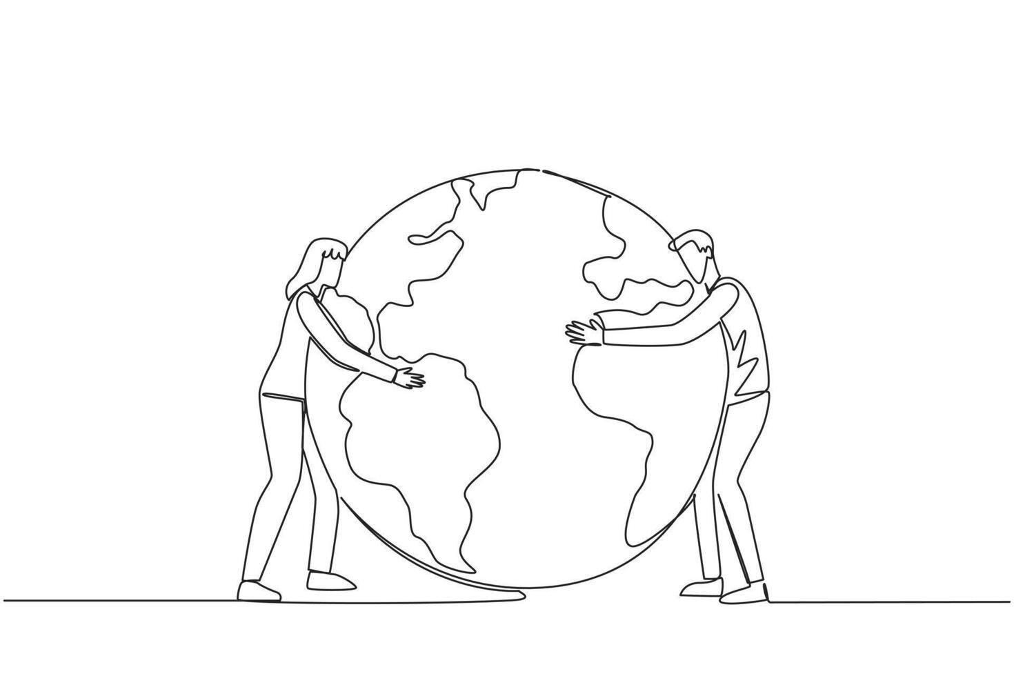 Continuous line drawing of two people holding the earth vector