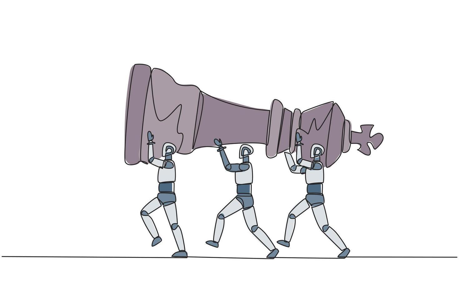 Continuous one line drawing group of robots work together carrying the king's chess pieces. Artificial intelligence is able to design strategy. Technology. Single line draw design illustration vector