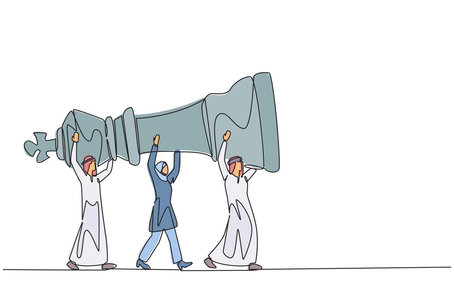 Continuous one line drawing group of Arab businessmen and Arab businesswomen work together carry the king's chess pieces. Play strategy carefully. Profit. Single line draw design illustration vector