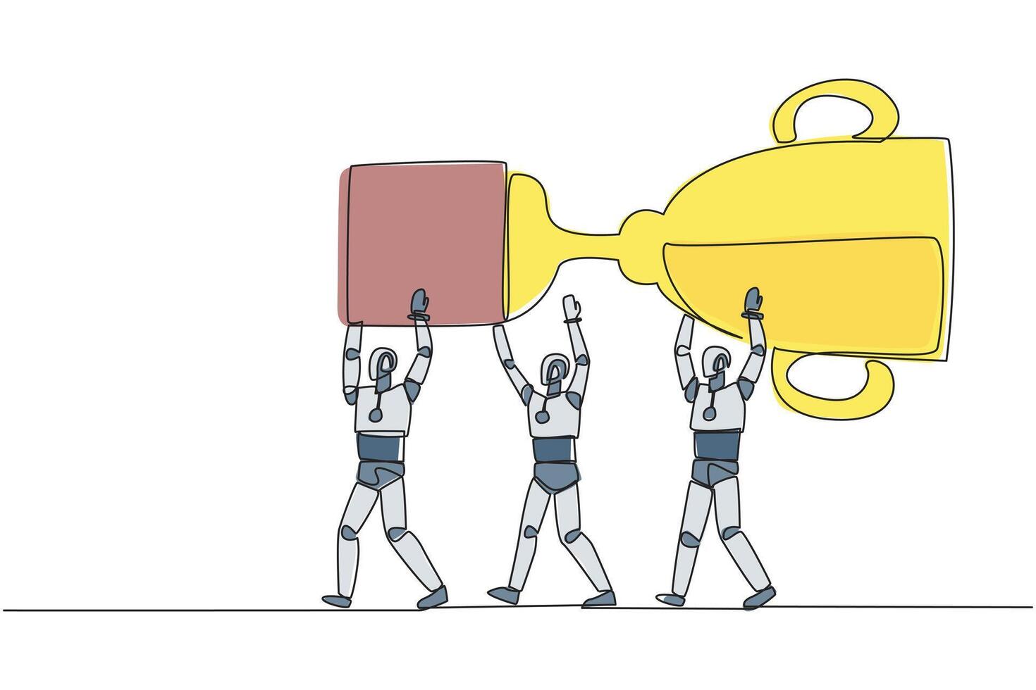 Continuous one line drawing group of robots work together carrying the trophy. Artificial intelligence sees opportunities to win. Future technology concept. Single line draw design illustration vector