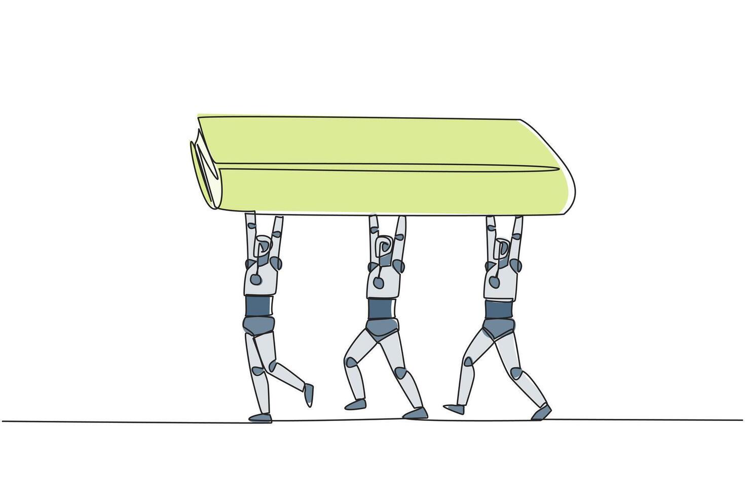 Single one line drawing a group of robots work together carrying a book. Implementation of artificial intelligence. Adding knowledge to robots. Technology. Continuous line design graphic illustration vector