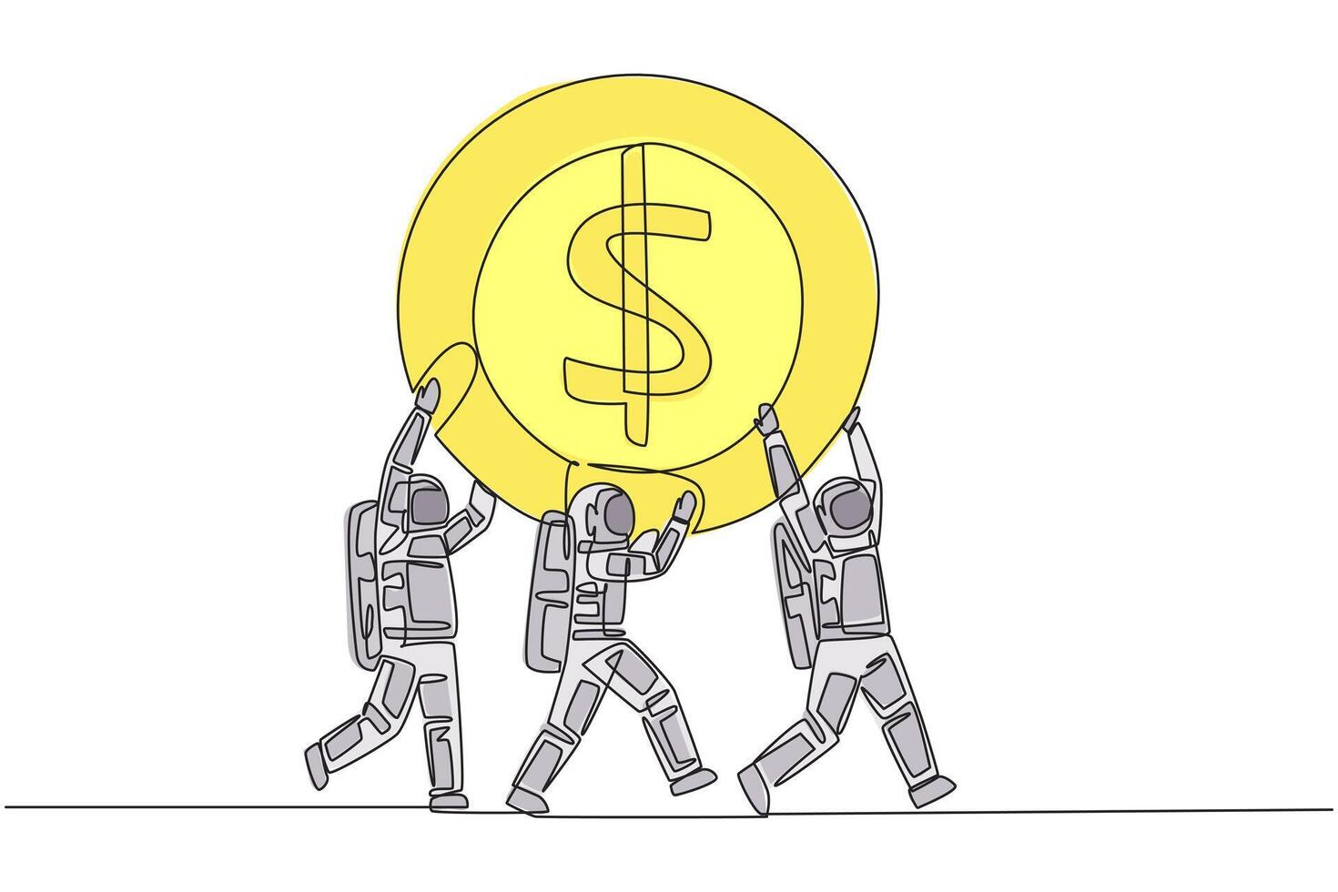 Single continuous line drawing group of astronauts work together carrying a dollar symbol coin. A fruitful expedition. Savings for the next expedition. Spaceman. One line design illustration vector