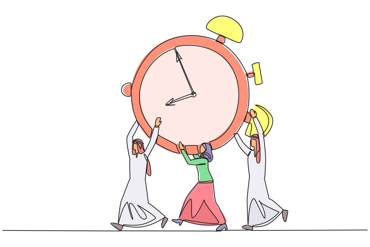 Single continuous line drawing a group of Arab businessmen and Arab businesswomen work together carrying alarm clock. Great collaboration. Work completed on time. One line design illustration vector