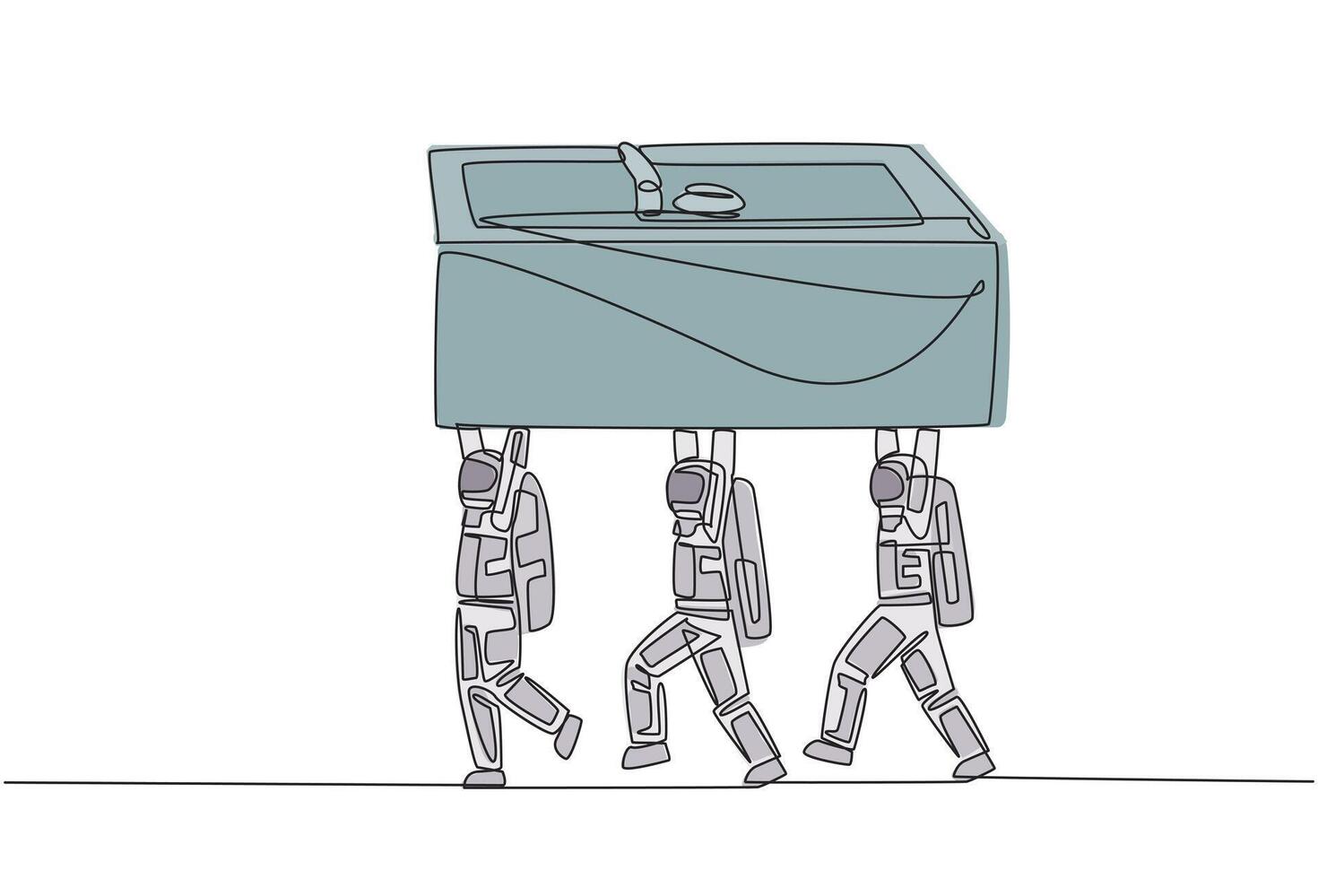 Single one line drawing a group of astronauts work together carrying safe deposit box. Maximum function for storing important things. Safe. Cosmonaut. Continuous line design graphic illustration vector