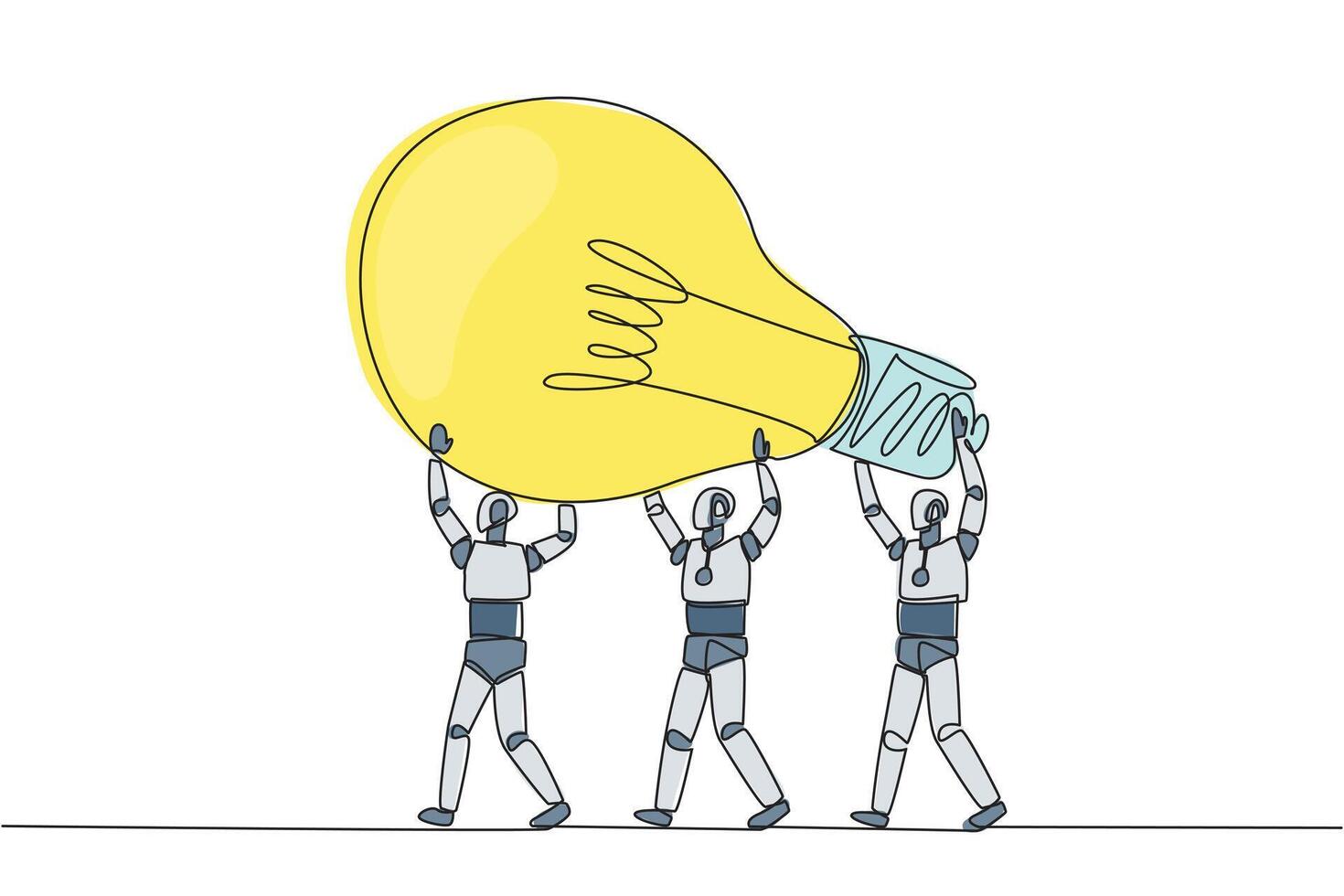 Single one line drawing a group of robots work together to carrying a lightbulb. Amazing artificial intelligence. Bring brilliant ideas. Technology concept. Continuous line design graphic illustration vector