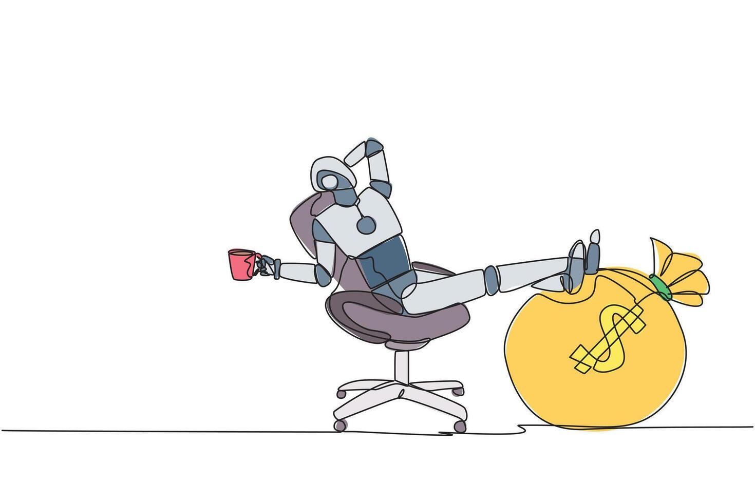 A cartoon robot sitting on a chair with a bag of money vector