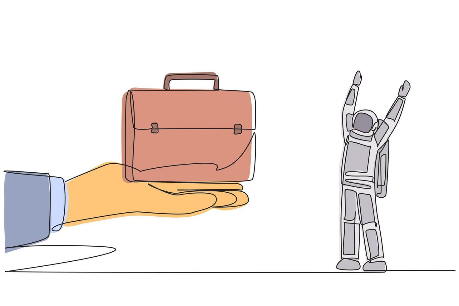 Single one line drawing astronaut was excited to get the briefcase from a giant hand. Made from lightweight leather. Easy to carry on space expeditions. Continuous line design graphic illustration vector