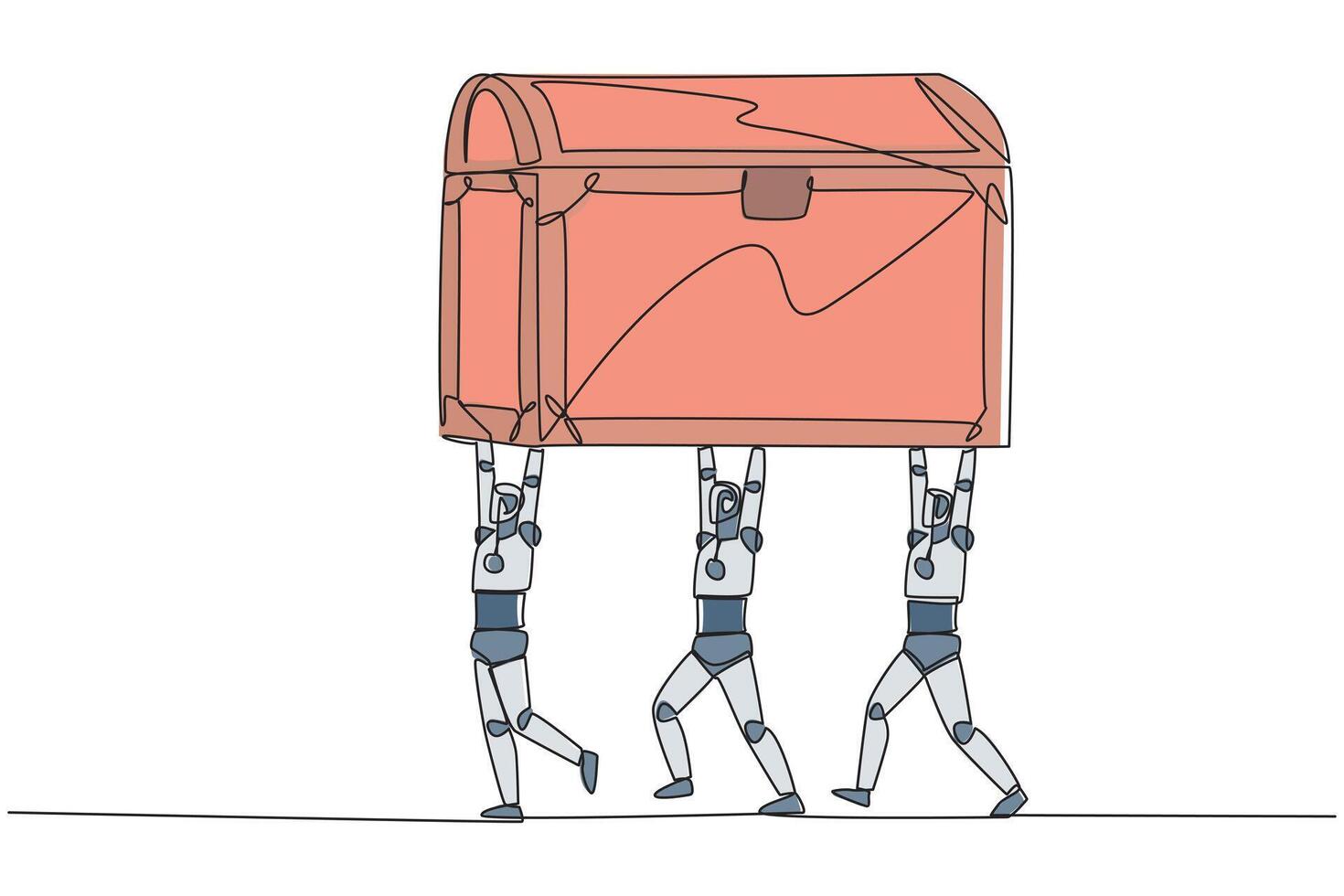 Single continuous line drawing group of robots work together carrying treasure chest. Detect profitable objects. Robots generate maximum profits. Future technology. One line design illustration vector
