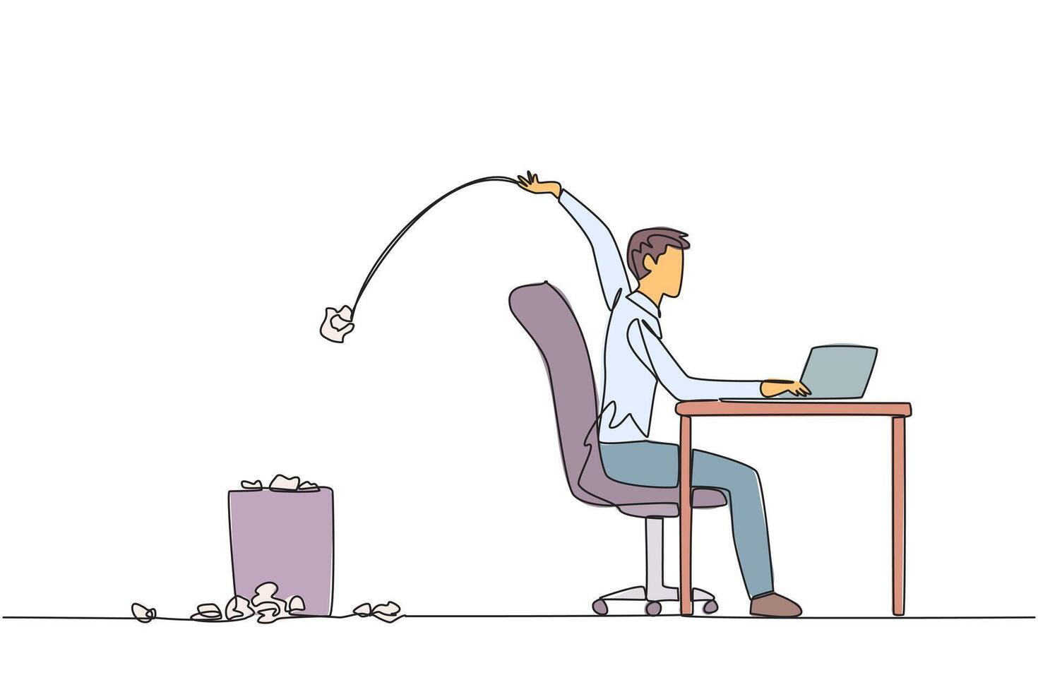 Single one line drawing businessman typing at a work desk throwing wads of paper into the trash. Does not have a clear idea of business progress. Stagnant. Continuous line design graphic illustration vector
