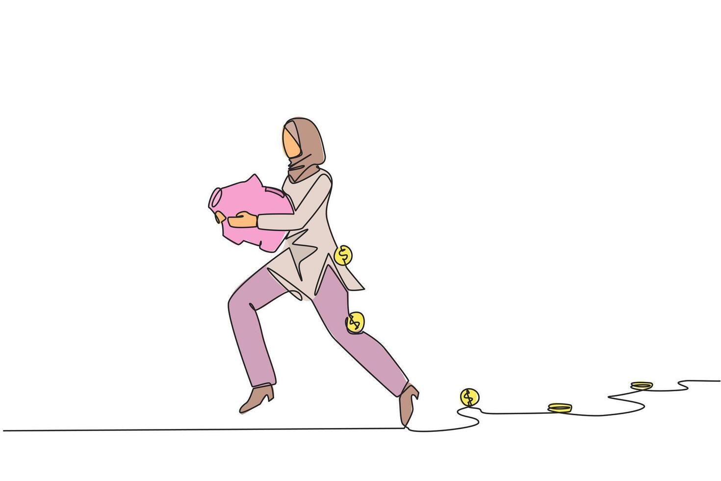 Single continuous line drawing Arab businesswoman running carrying a piggy bank with coins scattered around. Investments cannot fail. Save important company assets. One line design illustration vector